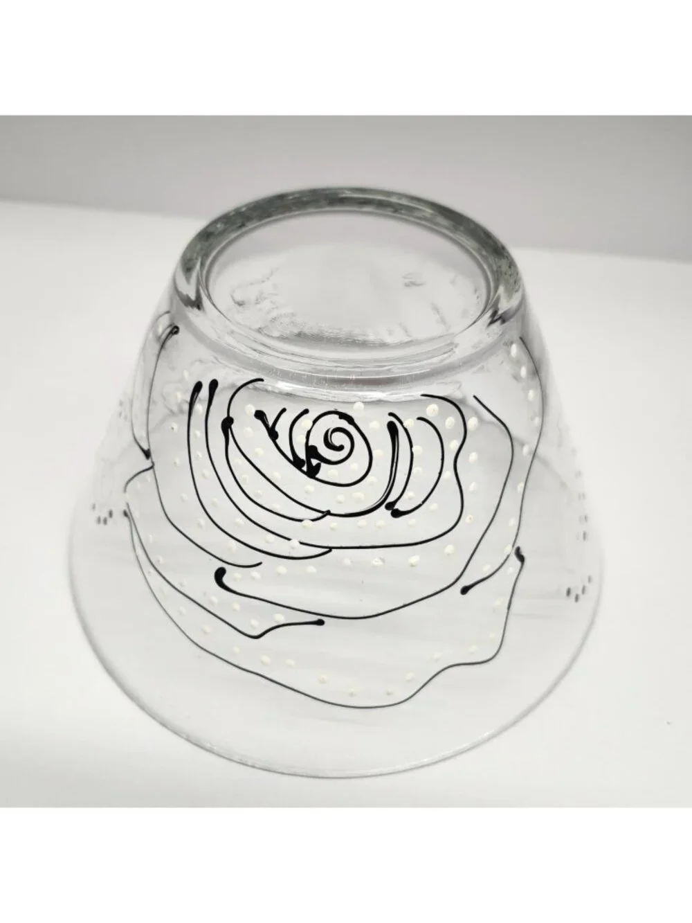 Floral Hand Painted Glass Bowl Black & White Rose
